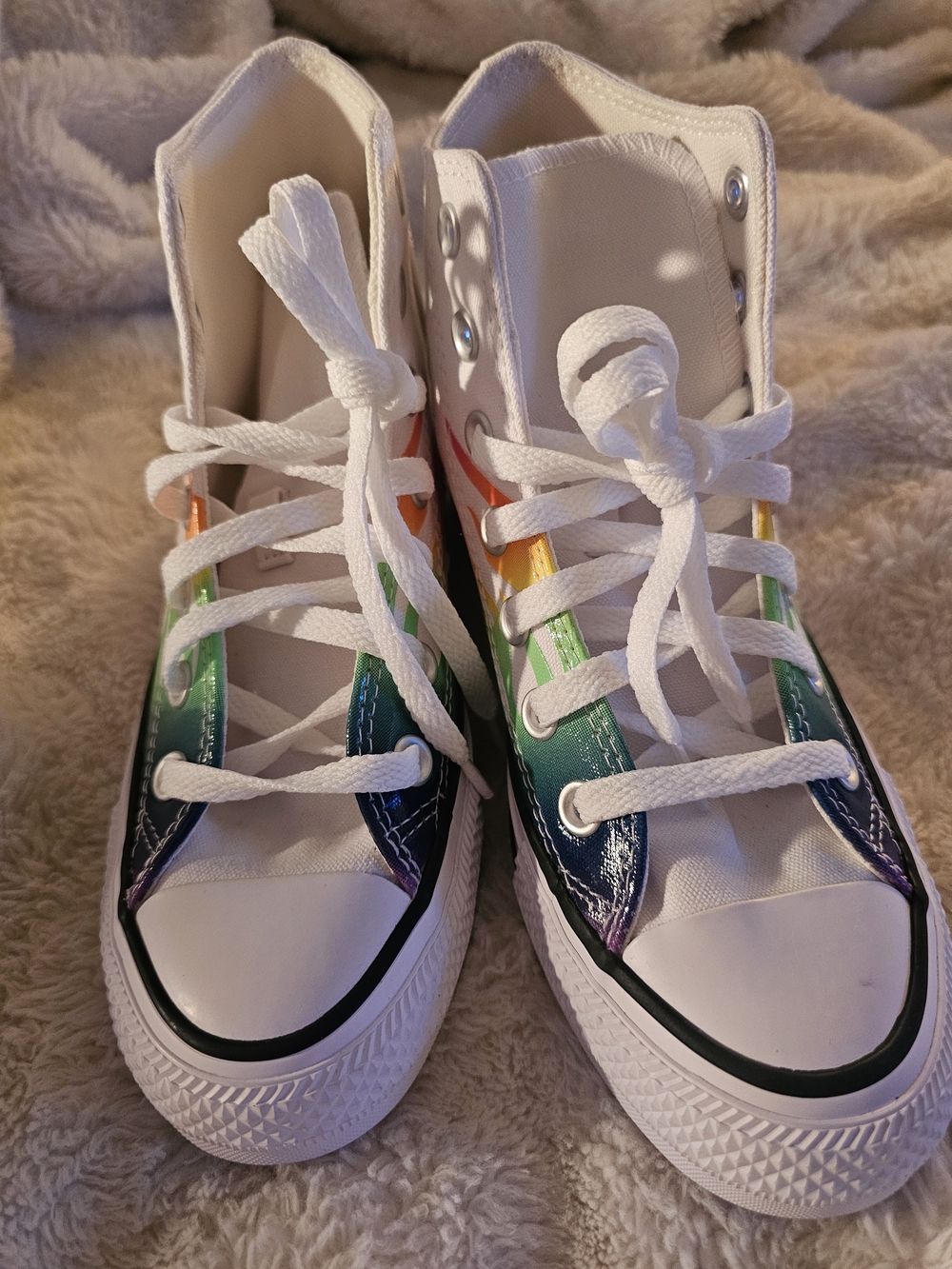 Converse Kids White High-Top Sneakers with Rainbow Gradient Panels